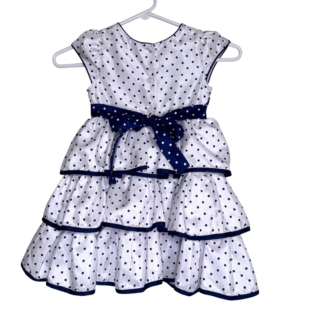 Jona Michelle Toddler Girls White Navy Polka Dot Tiered Fancy Party Dress 4T - Picture 2 of 12